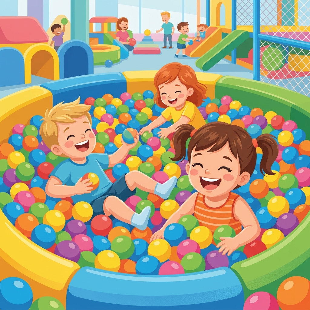 Ilustrație de brand: Detaliu piscină cu bile colorate în locația indoor